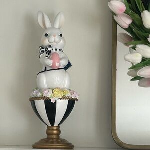 Easter White Rabbit Bunny on Black & White Pedestal Figurine Decor NEW